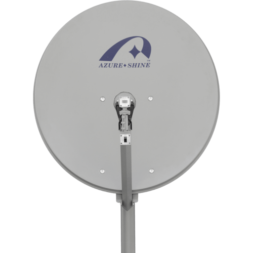 Azure Shine 75cm VSAT satellite dish for Ku band with a prominent feed arm, engineered for optimal signal reception in satellite communication.